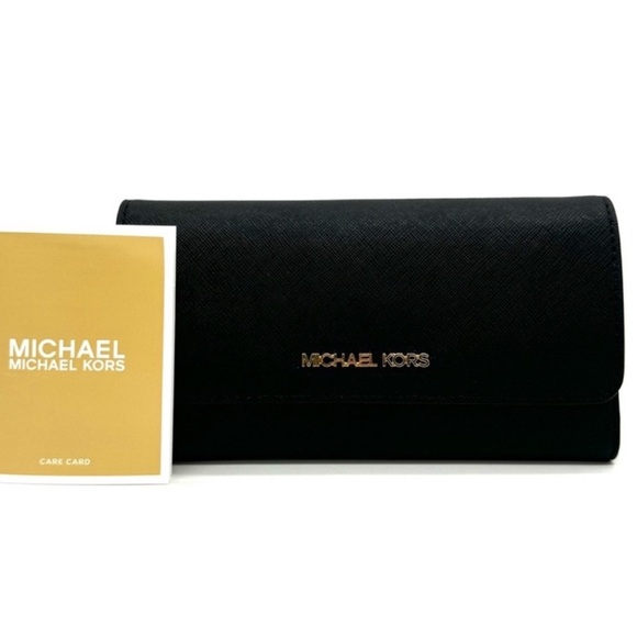 Michael Kors Large Trifold Wallet Black Leather Rich Black/Gold - Picture 1 of 8